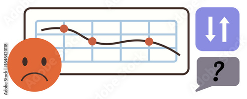 Sad face, declining trend line chart, question bubble, and up-down arrows. Ideal for data analysis, decision-making, performance drop, problem-solving, feedback business strategy simple flat