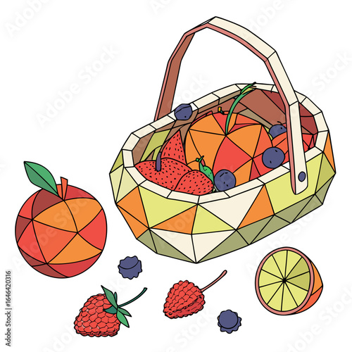 Colorful Geometric Still Life Vector Illustration of Fruit Basket with Apples, Strawberries, and Blueberries