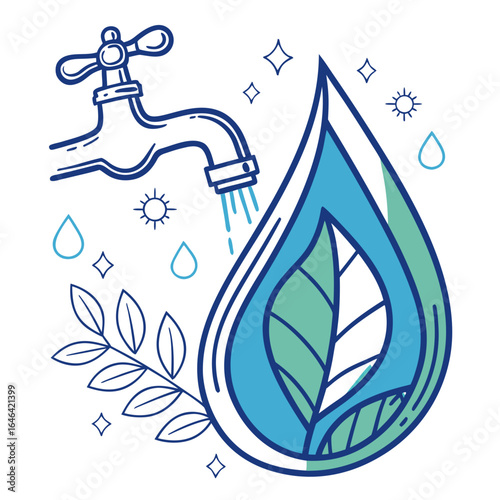 Leaf and Water Drop Illustration, Nature Environment, Modern Graphic Design Concept