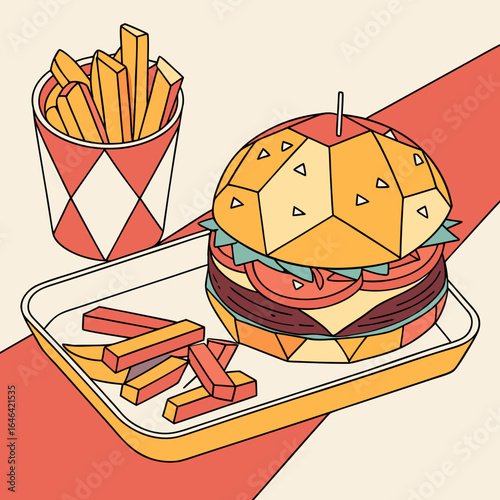 Poly Stylized Burger Plate and Fries in a Graphic Environment