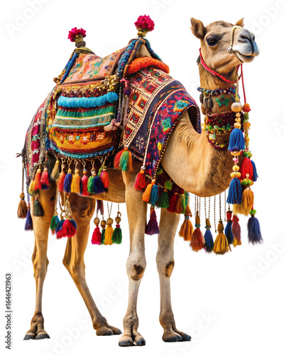 A beautifully decorated dromedary camel with an ornate saddle and tassels, isolated on a transparent background, symbolizing traditional travel and culture in desert regions