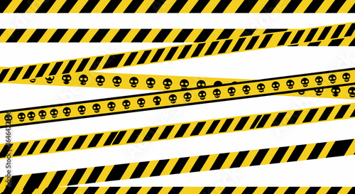 Yellow and black striped warning tape with skull symbols creating a barrier, representing a restricted danger zone or hazardous area