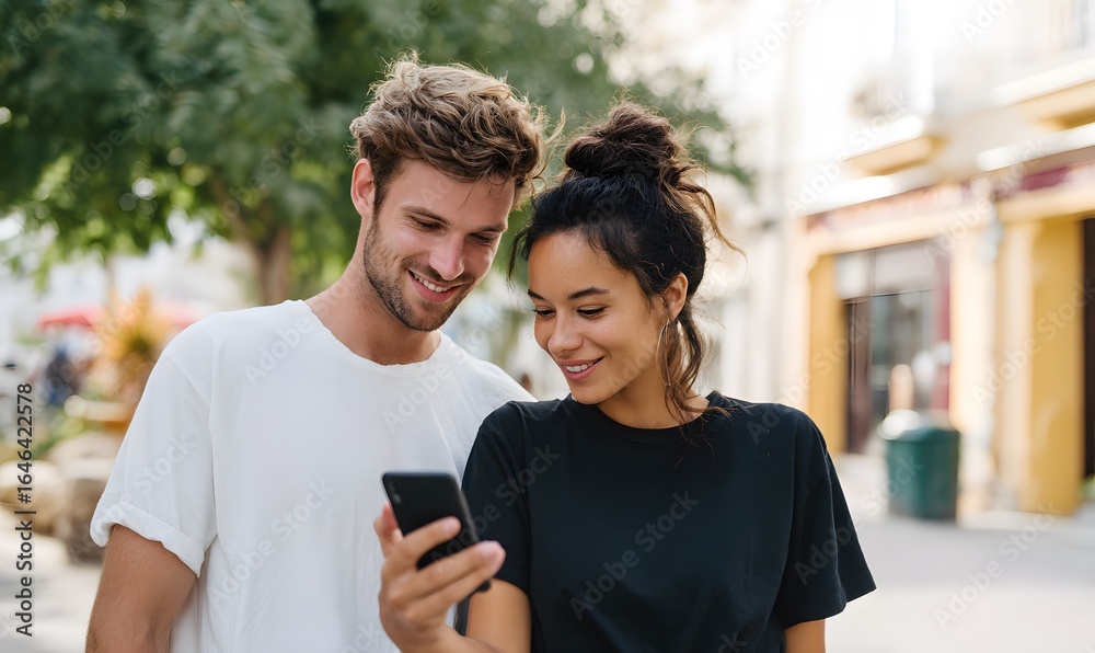 White handsome man and latino beautiful with medium hair woman wearing black t shirt, watching their phone White handsome man and latino beautiful with medium hair woman wearing black t shirt, watching their phone
