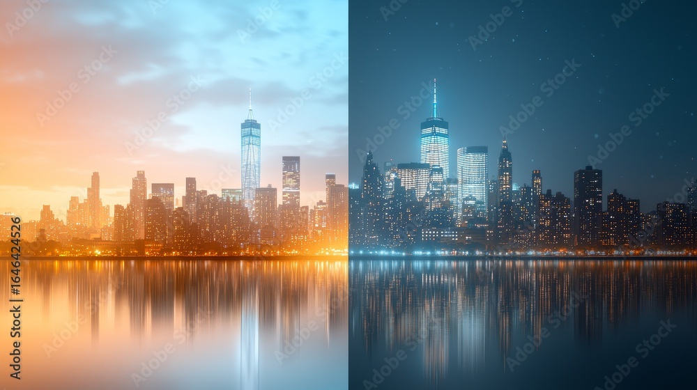 Fototapeta premium Day and night transformation of city skyline new york urban photography reflective waters aesthetic contrast