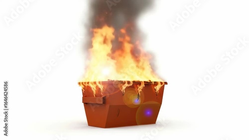 Dumpster fire conceptual illustration, flames engulfing metal waste bin, inferno burns brightly,
