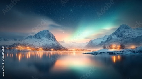 Aurora borealis dance over serene lake norway nature photography nighttime panoramic view tranquil landscape