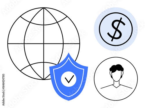 Globe symbolizing connection, shield for protection, dollar representing finance, and person avatar. Ideal for finance, security, trust, insurance, global networking online identity reliability as