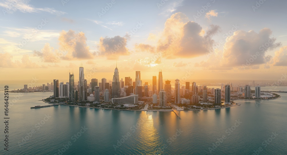 Fototapeta premium Stunning Golden Hour Cityscape Skyline Aerial View, Breathtaking Urban Panorama
