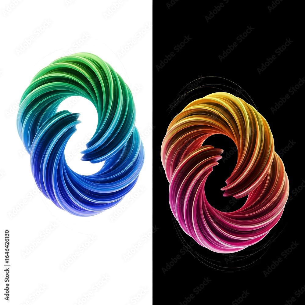 Fototapeta premium Abstract 3D Twisted Ring, Colorful Twisted Shape on White and Black Background. 