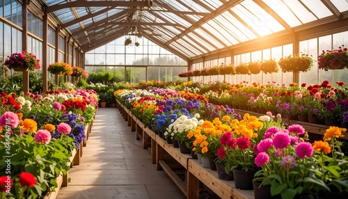 Fototapeta Naklejka Na Ścianę i Meble -  Greenhouse Flowers with Sunny Day.