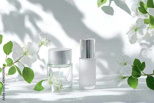 Wallpaper Mural Elegant skincare bottles with delicate floral accents create a serene, spa-like ambiance perfect for natural beauty and wellness brand promotions Torontodigital.ca