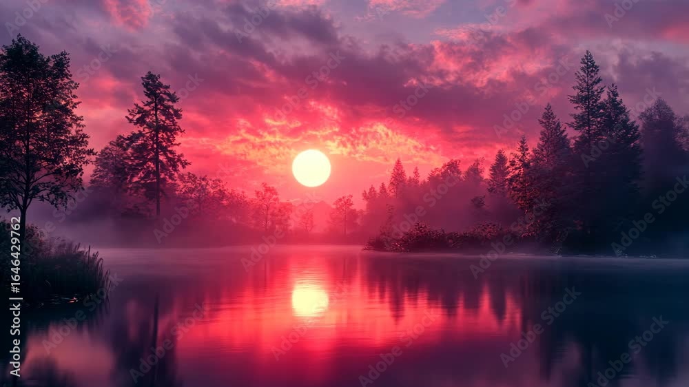 Ethereal Lake Sunrise Pink Clouds Misty Forest and Golden Reflections. Ethereal Lake Sunrise Pink Clouds Misty Forest and Golden Reflections.
