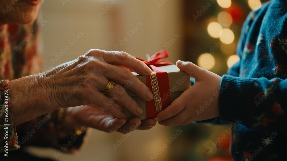 Obraz premium close up of an old woman's wrinkled hand giving a gift box to a toddler's hand.