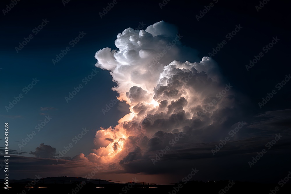 Fototapeta premium Dramatic Thunderstorm Cloud at Sunset Glowing Light Dark Sky Landscape.