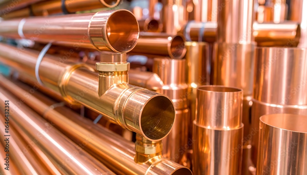 Naklejka premium Copper pipes with industrial warehouse.