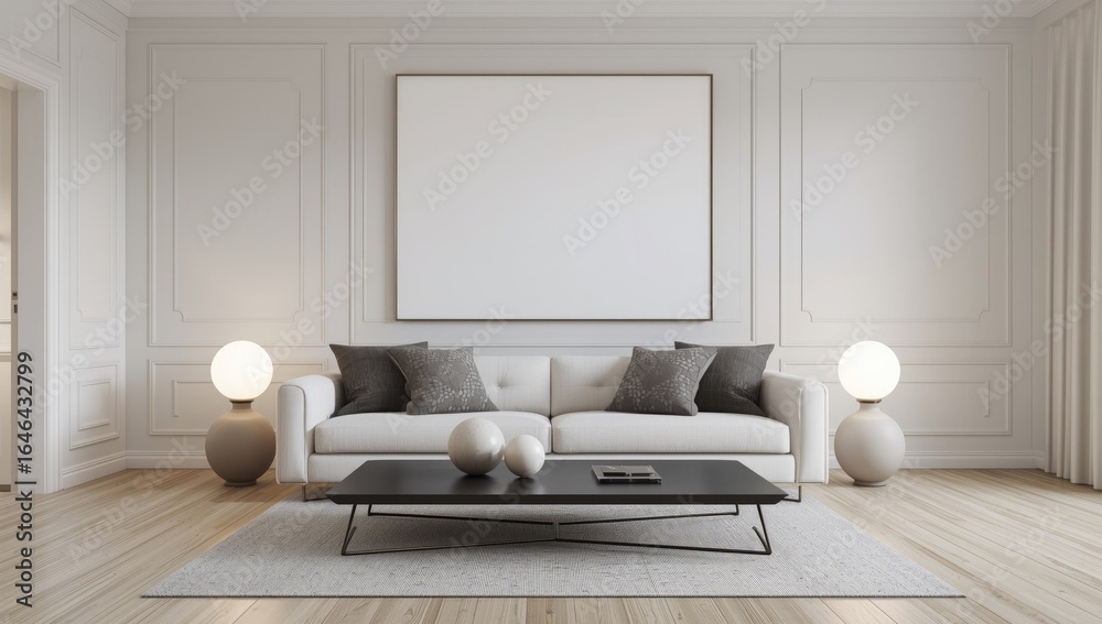 Obraz premium Elegant modern living room featuring a plush sofa ornate wall paneling and minimalist decor with ambient lighting creating a serene atmosphere