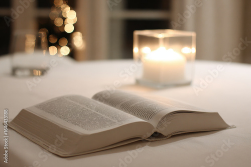 soft falling light creates warm ambiance over open page of christmas psalm enhancing text spiritual essence