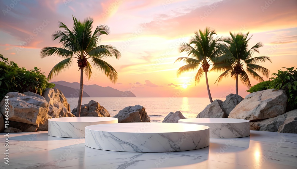 Fototapeta premium empty round white marble podium on beach background at sunset