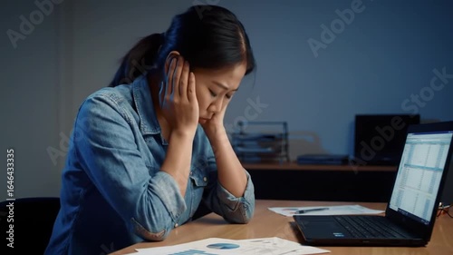 Asian woman sitting at desk with laptop and documents in dimly lit office space