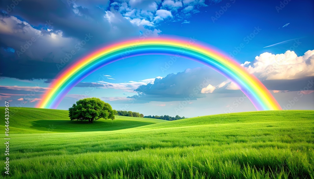 Obraz premium Fantasy illustration of rainbow over a green field