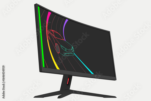 Modern curved gaming monitor displaying a neon car on a track