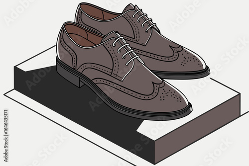 Stylish brown leather wingtip brogues on a display platform