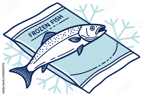 Illustration of a frozen fish package with a salmon and snowflakes