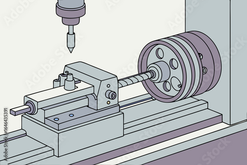 Illustration of a lathe machine with a workpiece and cutting tool