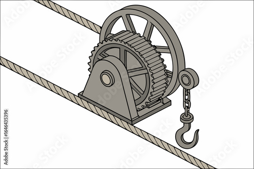 Industrial winch mechanism with hook and cable