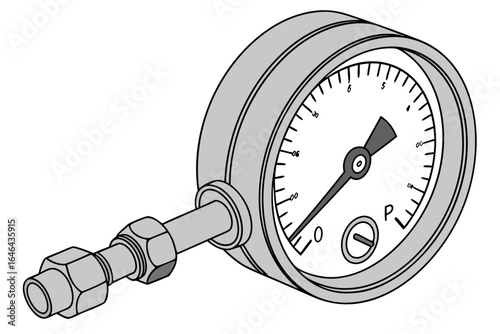 Illustration of a pressure gauge with a dial and connecting fitting