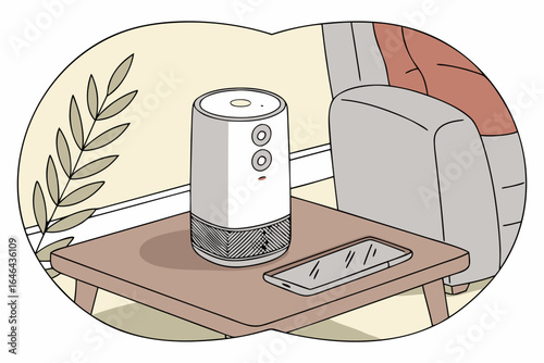 Modern conference speaker and smartphone on a side table next to a chair