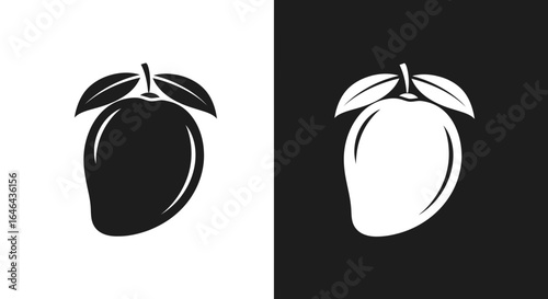 Stylized Black and White Mango Fruit Icon with Leaves.