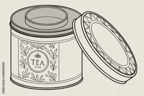 Vintage tea tin with open lid and floral design