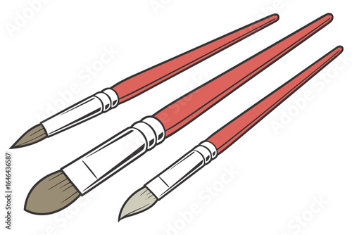 Three red paint brushes with white ferrules and brown bristles
