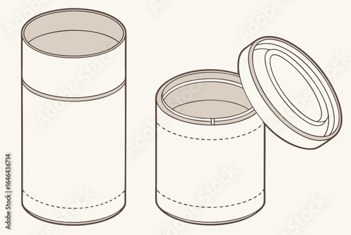 Two cylindrical containers with one open lid shown in isometric view