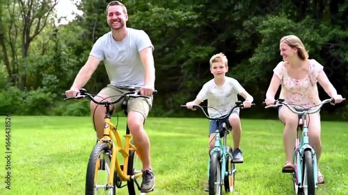 A family riding bicycles across a grassy field with trees in the background outdoors