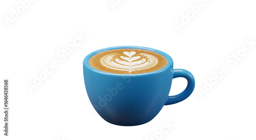 A delicious cappuccino with latte art in a blue cup sits isolated on a transparent background ready to be enjoyed