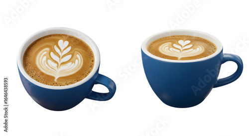 Two blue cups of coffee with latte art on a transparent background create an inviting and comforting atmosphere