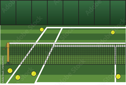 Tennis Court with Net and Balls Vector Illustration – Sports Background Design Green
