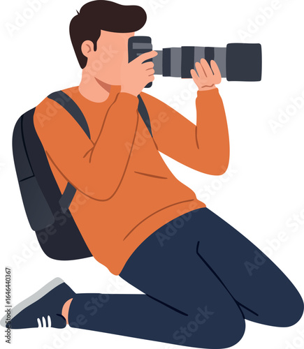 Male Photographer Taking Pictures with Professional Camera in Kneeling Position Vector Illustration 