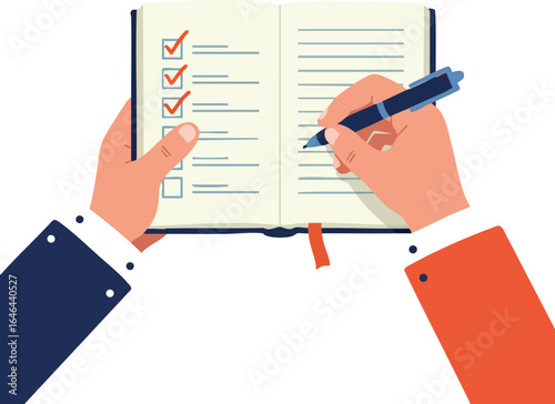 Hands Writing on Checklist Notebook with Pen in Flat Style Vector Illustration 