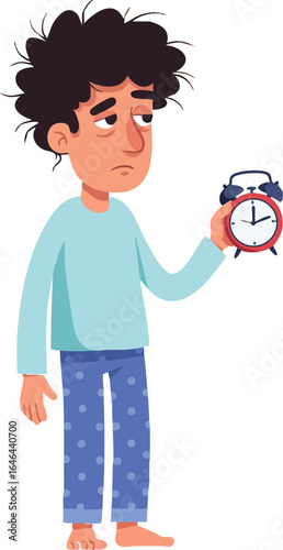 Sleepy young man holding alarm clock in pajamas vector illustration 