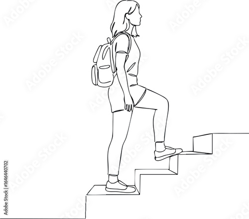 Woman with backpack walking up stairs line art simple outline vector illustration 