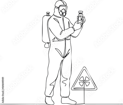 Scientist in protective suit examining chemical sample near radiation hazard sign vector illustration 