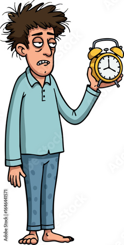 Tired man holding alarm clock early morning waking up vector illustration 
