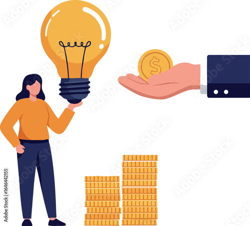 Woman holding yellow light bulb with hand giving gold coin and stacked coins illustration
