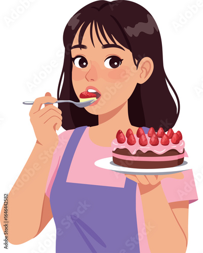 Young woman tasting strawberry chocolate cake holding plate and spoon vector illustration 