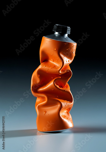 Crinkled orange can, crumpled and discarded.
