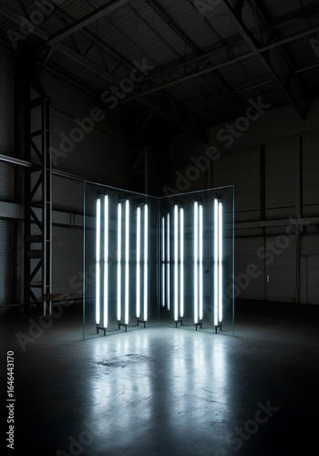 Glass panels with bright fluorescent lights, industrial setting.
