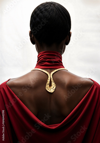Woman in red, gold necklace, powerful and elegant.
